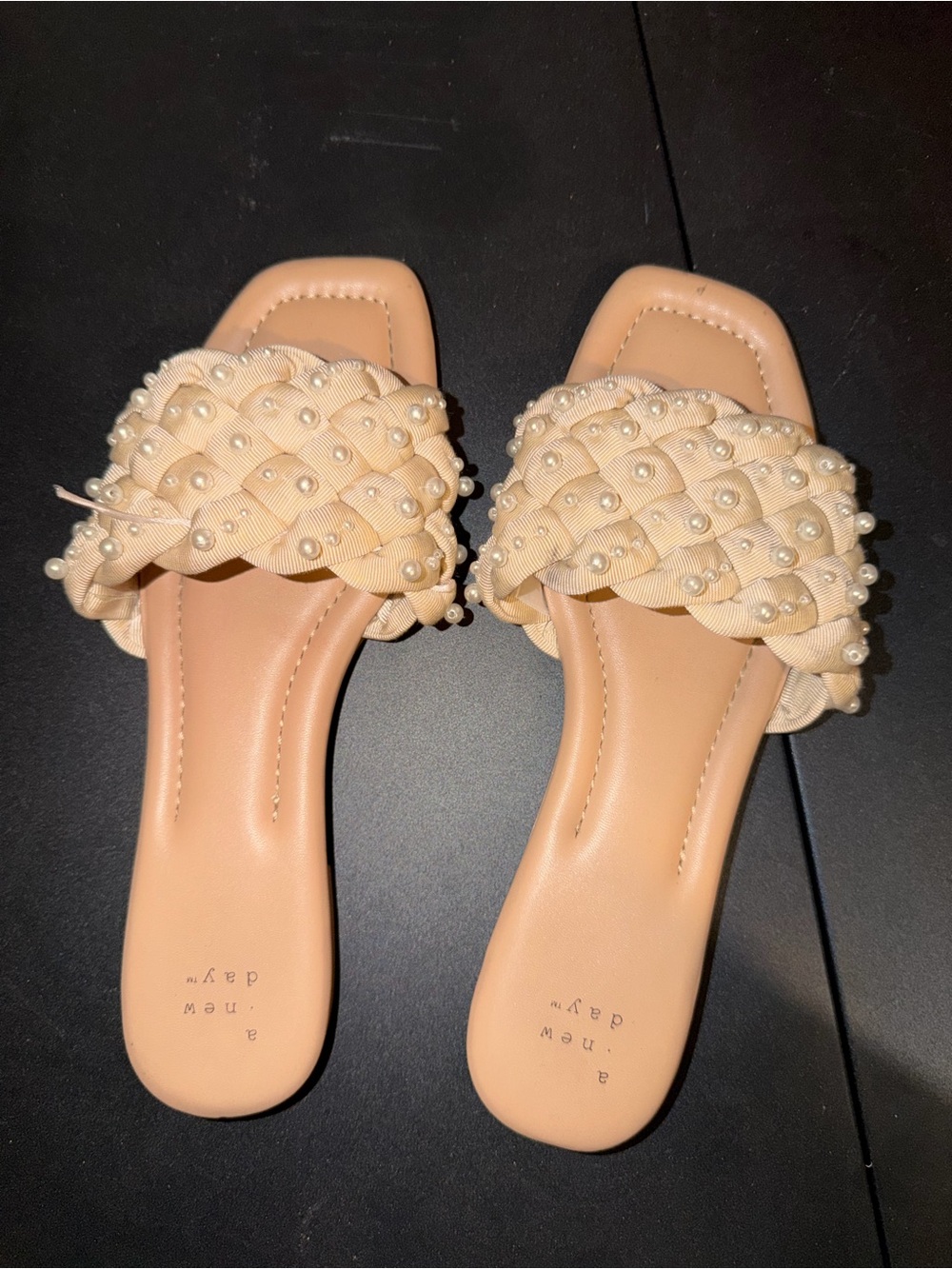 a new day Pearl-Embellished Braided Slide Sandals in Beige